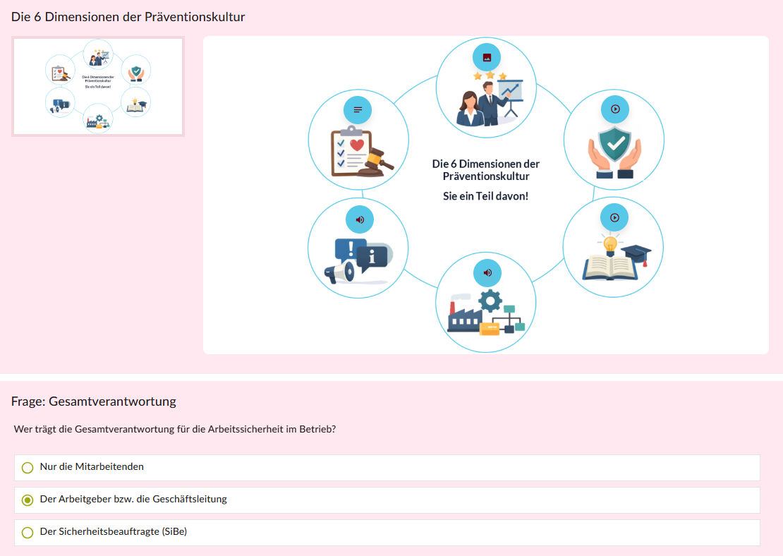 „Grafik zu den ‚6 Dimensionen der Präventionskultur‘ mit sechs Symbolen rund um zentrale Aspekte der Arbeitssicherheit. Darunter eine Multiple-Choice-Frage zur Gesamtverantwortung im Betrieb mit drei Antwortmöglichkeiten.