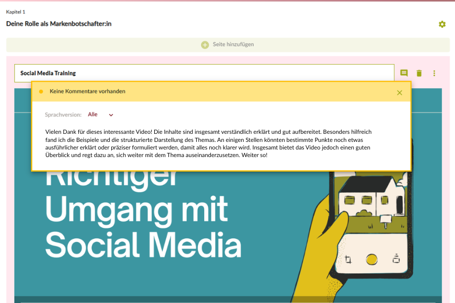 Screenshot eines Social-Media-Trainings mit eingeblendeter Kommentarbox, die positives Feedback zu einem Video enthält. Im Hintergrund eine Grafik mit dem Titel ‚Richtiger Umgang mit Social Media‘ und einer Illustration eines Smartphones.